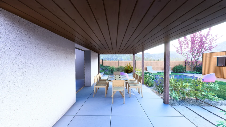 Rendu 3D : table sous une terrasse couverte, ouverte sur le jardin