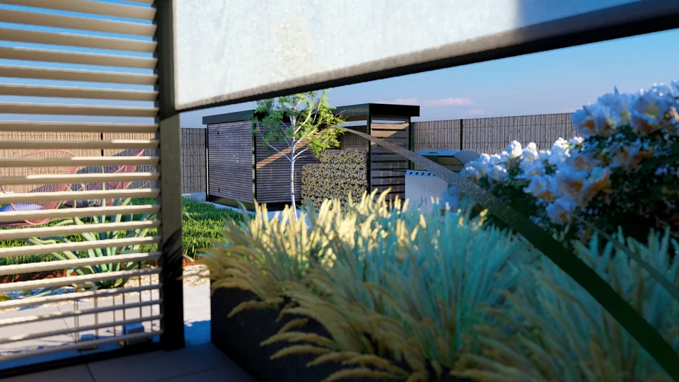 Rendu 3D : graminées et hortensias derrière un brise-vue à lames