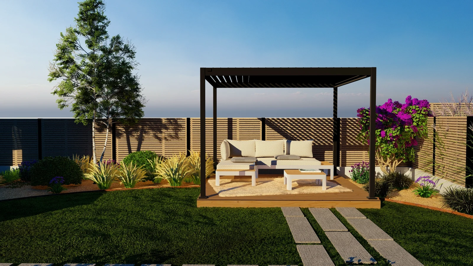 Rendu 3D : pergola noire, salon sur terrasse en bois et pas japonais dans la pelouse