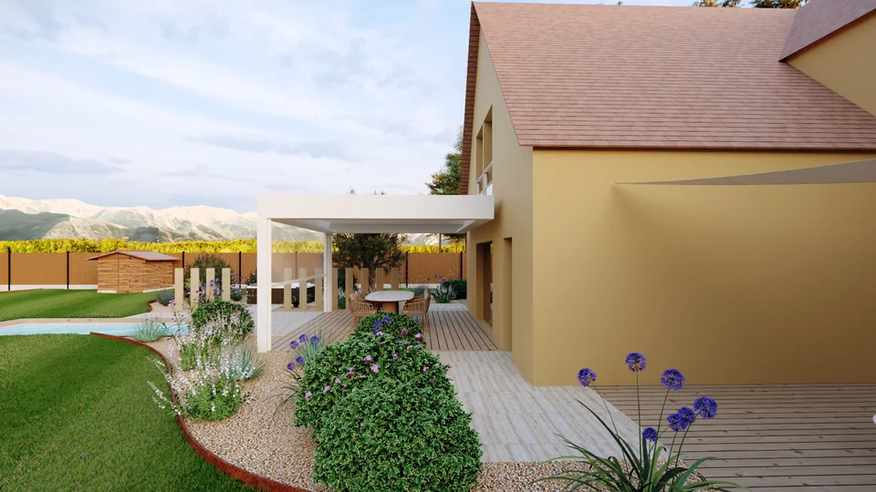 Rendu 3D : terrasse en bois, pergola blanche et massifs d’agapanthes