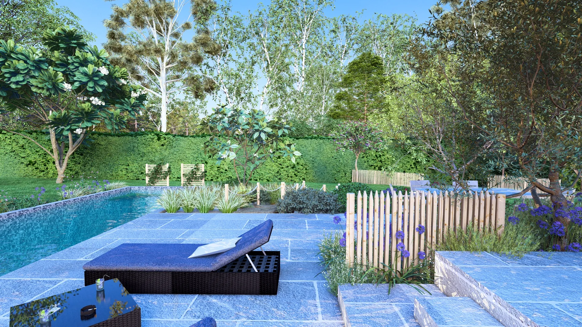 Jardin conçu en 3D : piscine, bain de soleil sur dallage de pierre, ganivelles et agapanthes devant une haie et de grands arbres