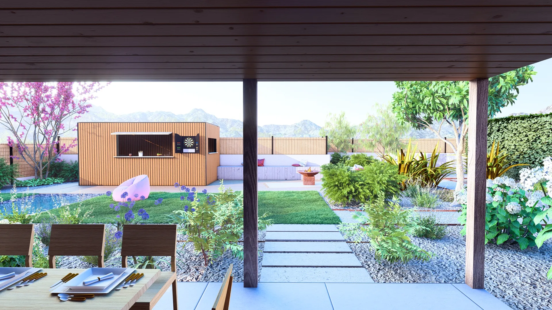 Jardin conçu en 3D : vue depuis la terrasse couverte sur la pelouse, la piscine et le pool-house en bois