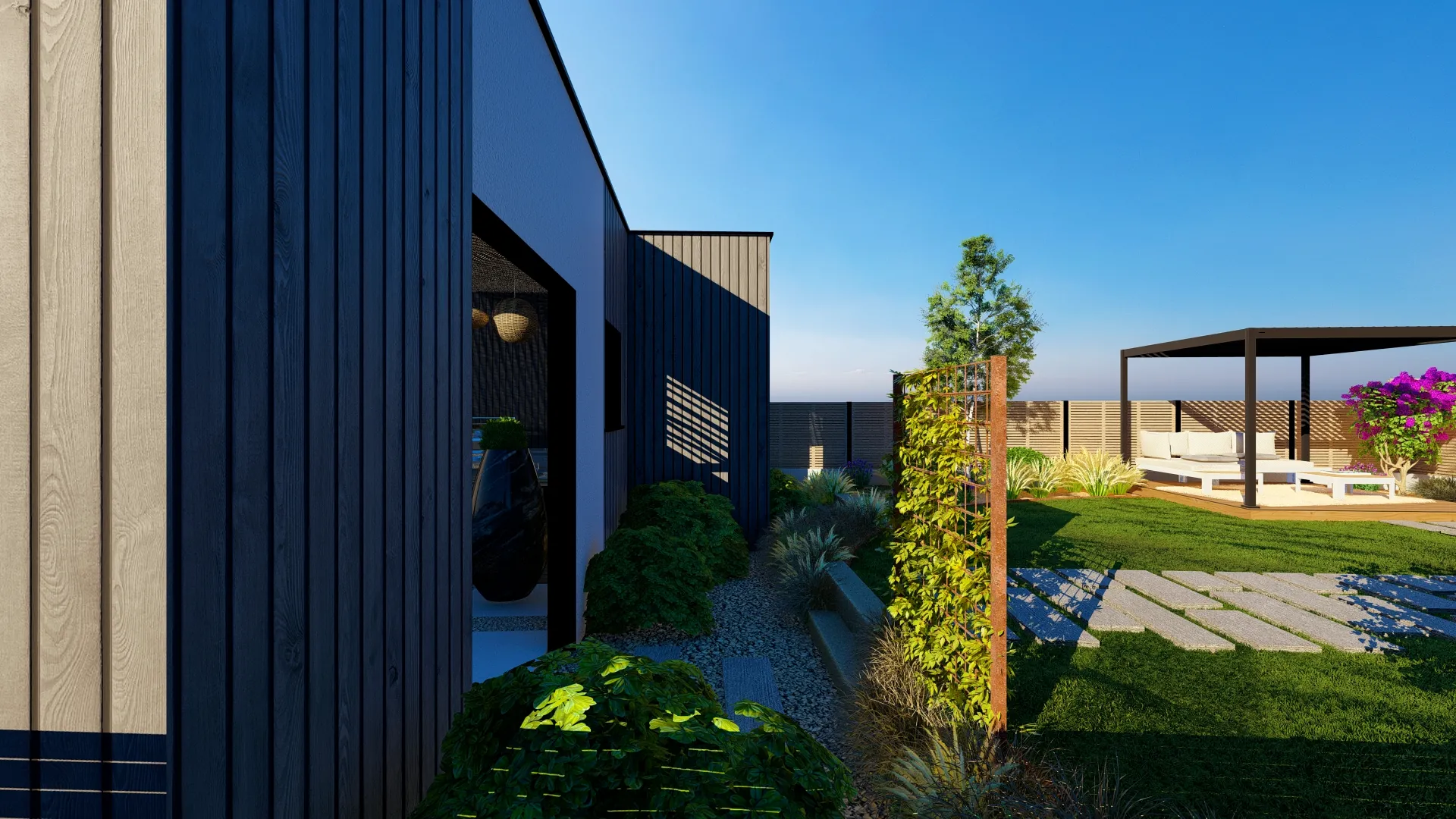 Jardin conçu en 3D : treillis en acier couvert de vigne vierge, pelouse et pergola