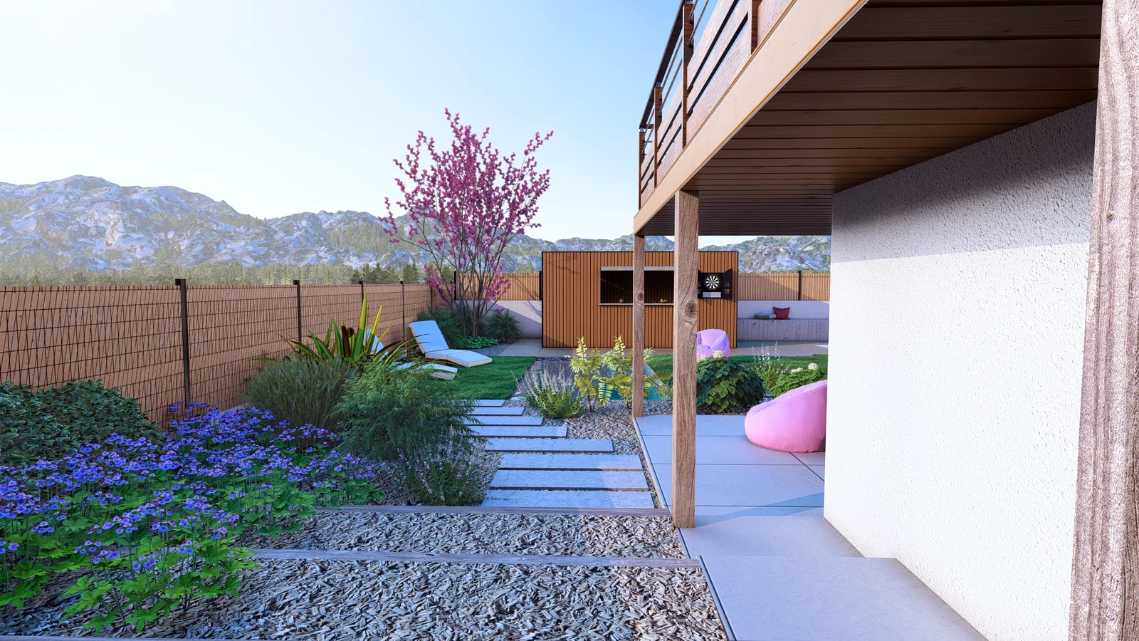 Rendu 3D : allée en pas japonais entre des massifs fleuris, au pied d’une terrasse couverte