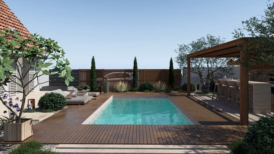 Jardin conçu en 3D : piscine, terrasse en bois et pergola