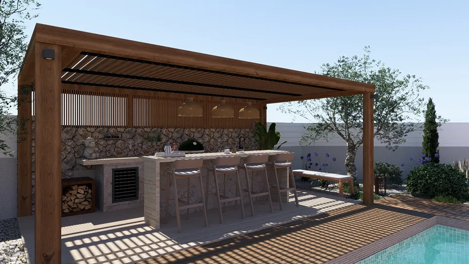 Jardin conçu en 3D : cuisine d’été en pierre sous une pergola