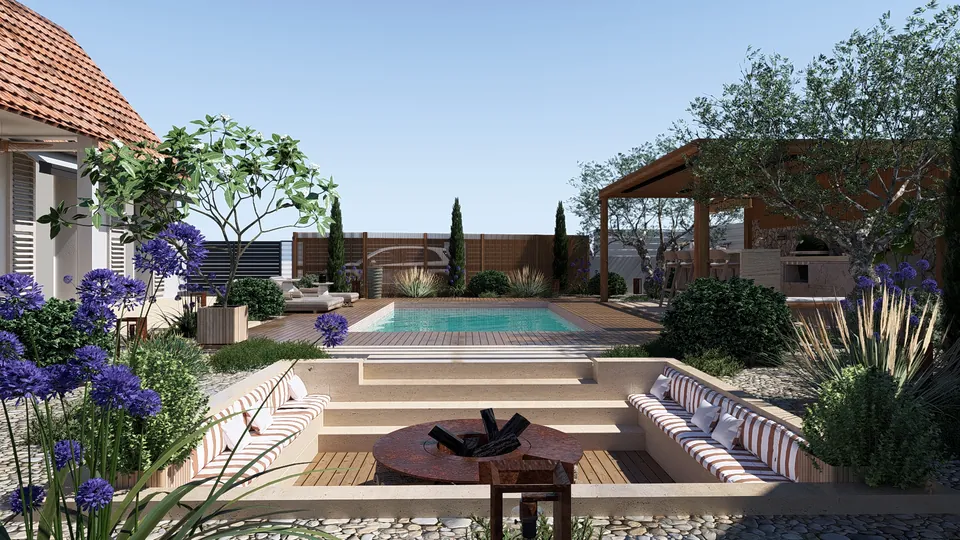 Jardin conçu en 3D : salon en contrebas et piscine