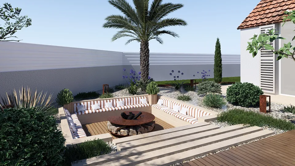 Jardin conçu en 3D : salon en contrebas autour d’un brasero