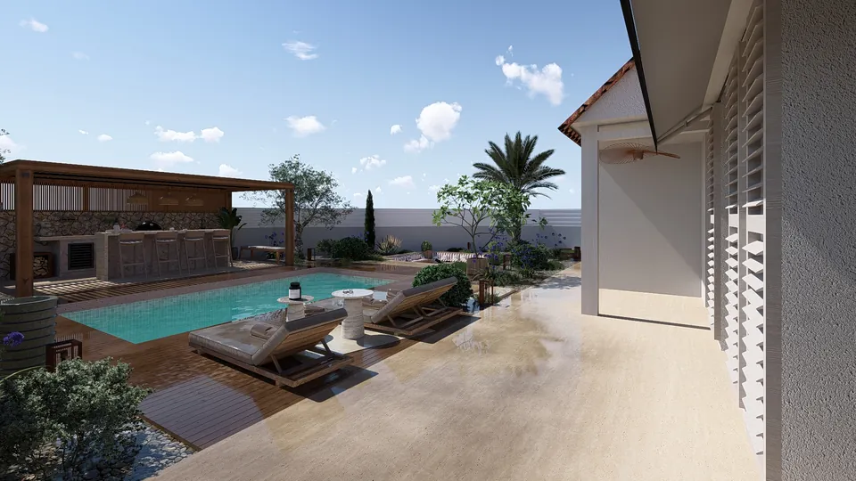 Jardin conçu en 3D : bains de soleil au bord de la piscine