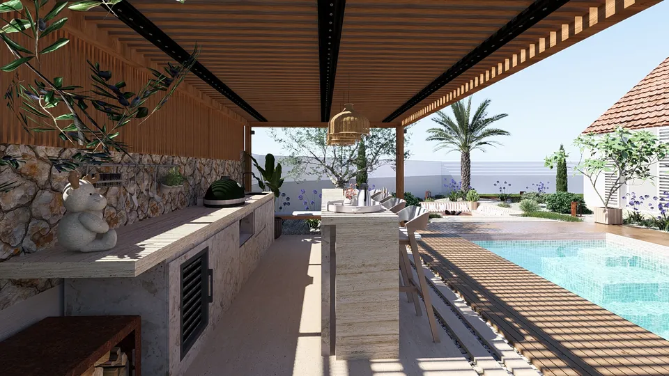 Jardin conçu en 3D : cuisine d’été vue depuis la pergola