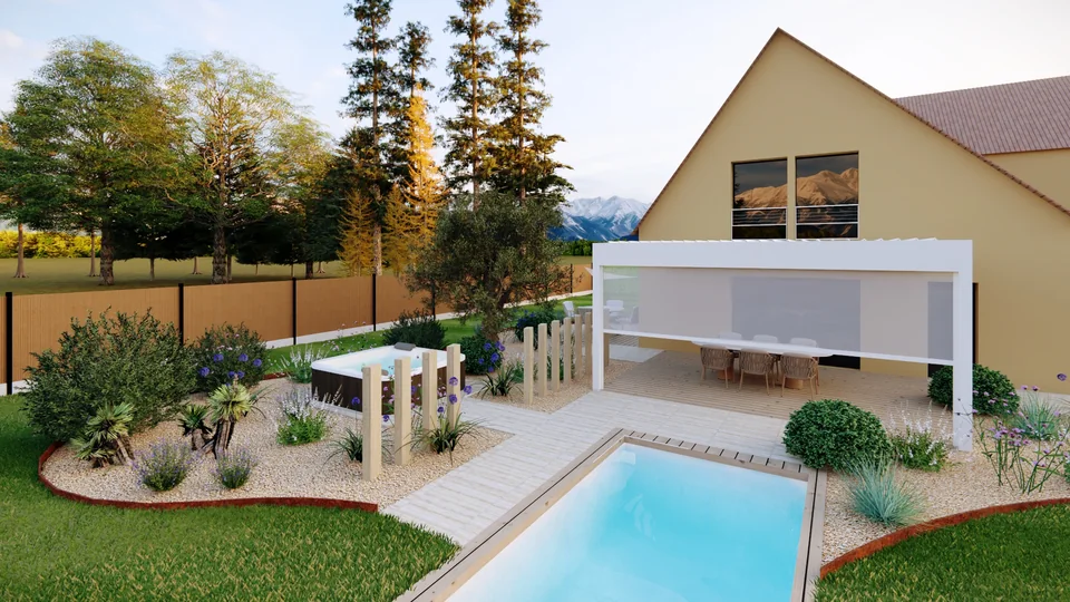 Jardin conçu en 3D : piscine, spa et pergola bioclimatique devant la maison