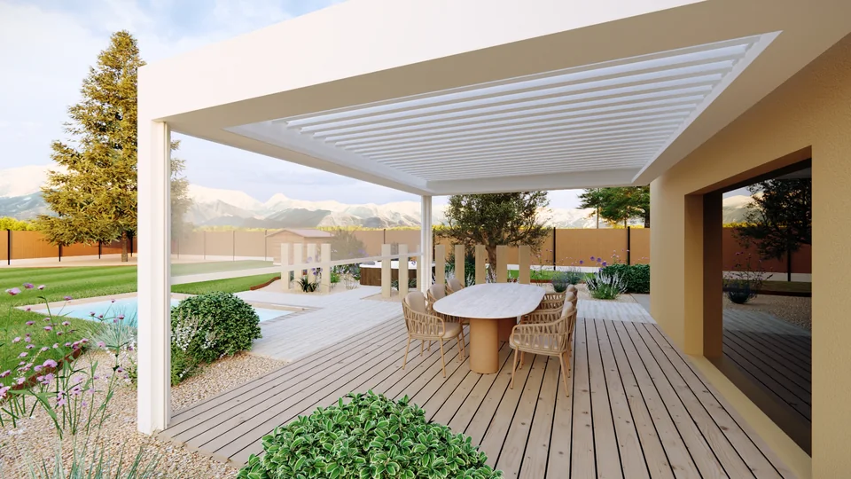 Jardin conçu en 3D : table à manger sous la pergola bioclimatique