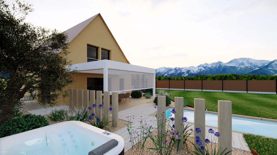 Jardin conçu en 3D : spa et claustras en bois près de la piscine
