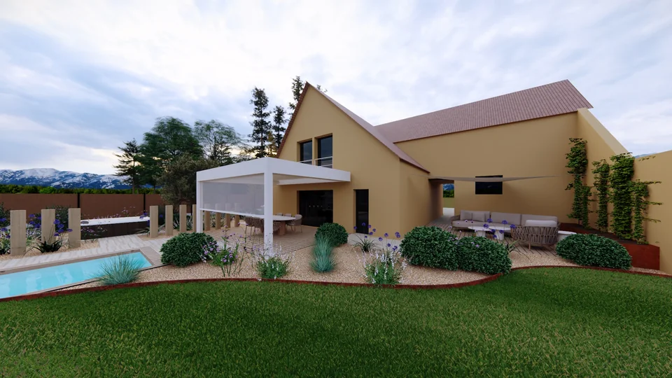 Jardin conçu en 3D : maison, pergola et piscine vues de la pelouse