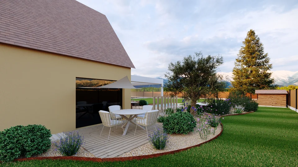 Jardin conçu en 3D : terrasse en bois et coin repas côté pignon