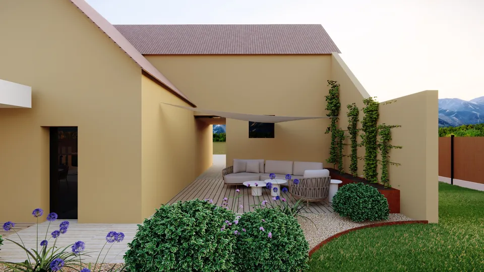 Rendu 3D Greeen : salon sous une voile d’ombrage, massifs et agapanthes