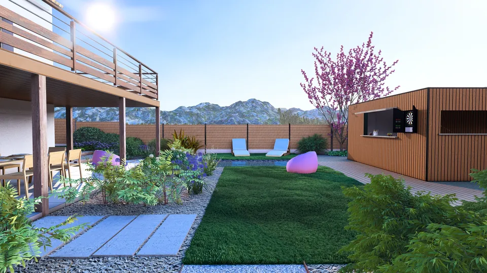 Jardin conçu en 3D : pelouse, piscine et pool-house face aux montagnes