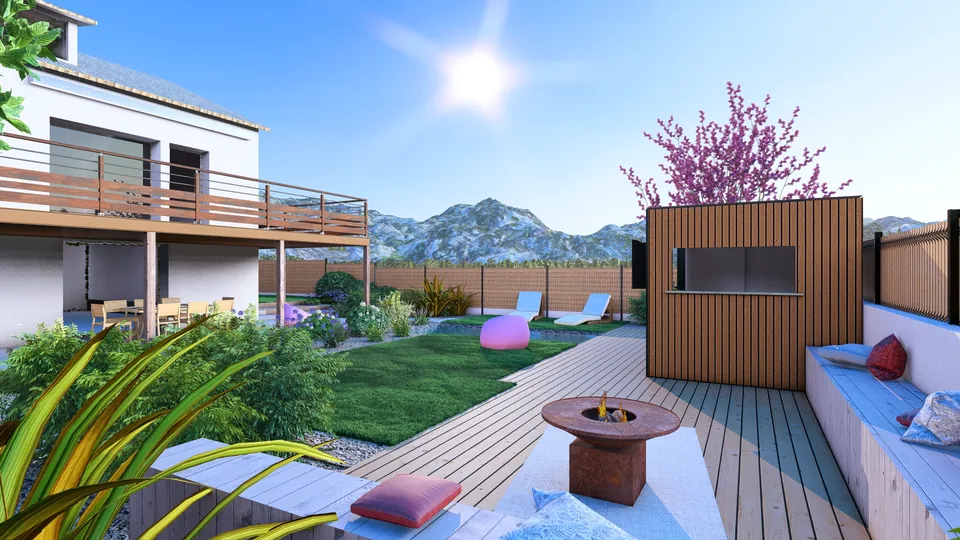 Jardin conçu en 3D : brasero sur la terrasse en bois