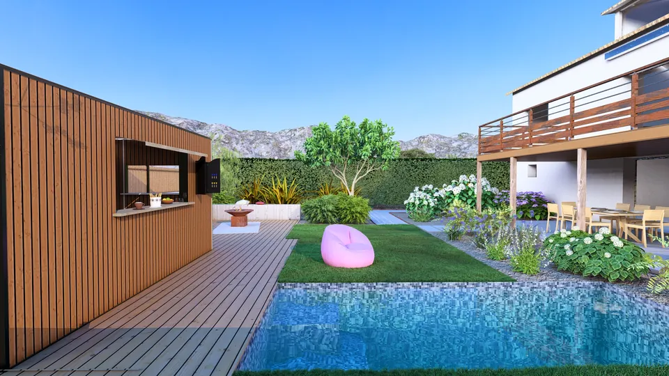 Jardin conçu en 3D : piscine et pool-house en bois
