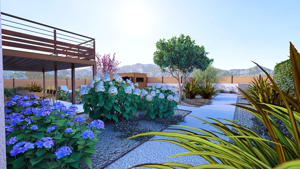 Jardin conçu en 3D : massifs d’hortensias et allée de gravier
