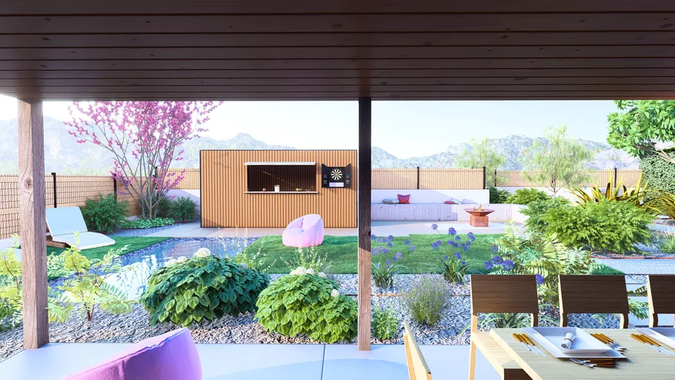 Jardin conçu en 3D : vue sur le jardin depuis la terrasse couverte