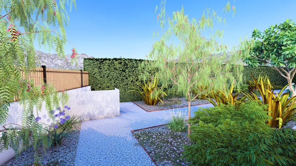 Jardin conçu en 3D : allée de gravier et faux-poivrier