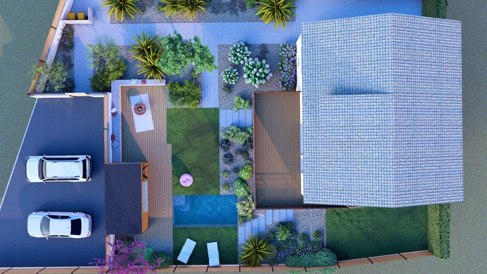 Rendu 3D Greeen : vue du dessus : pool-house, piscine, pelouse et massifs