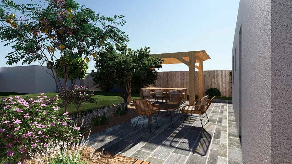 Jardin conçu en 3D : terrasse en pierre et pergola en bois