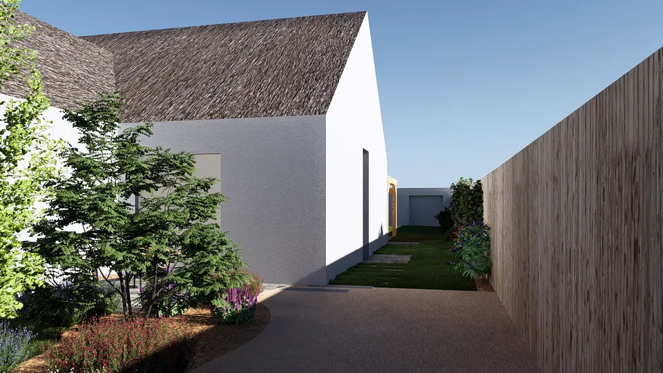 Jardin conçu en 3D : massifs fleuris et allée le long de la maison
