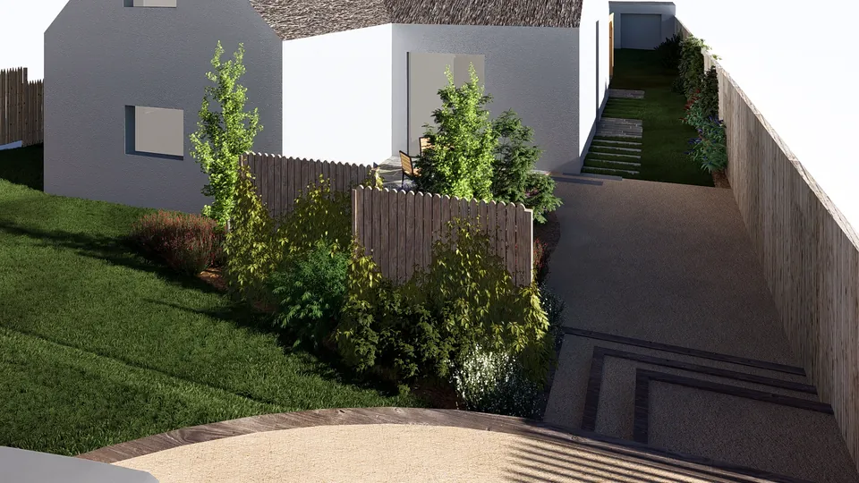 Jardin conçu en 3D : massifs et clôture en bois