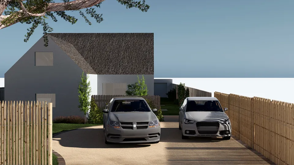 Jardin conçu en 3D : entrée et stationnement