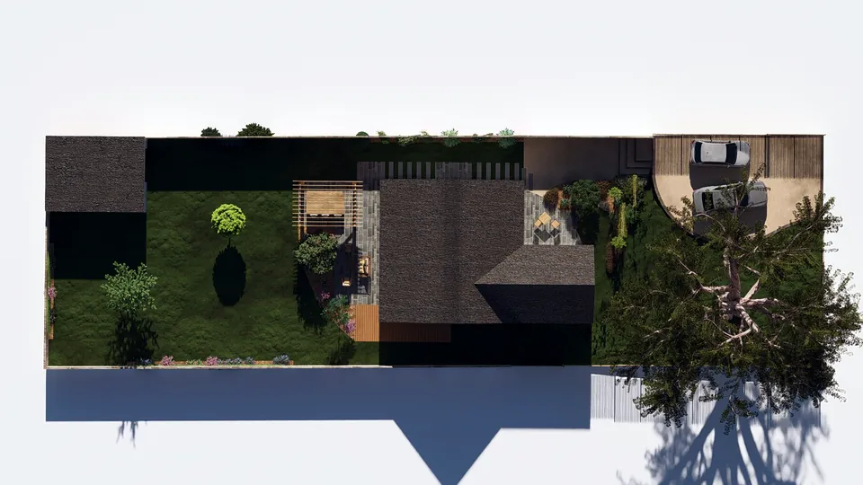 Jardin conçu en 3D : vue du dessus : maison, pelouse et pergola