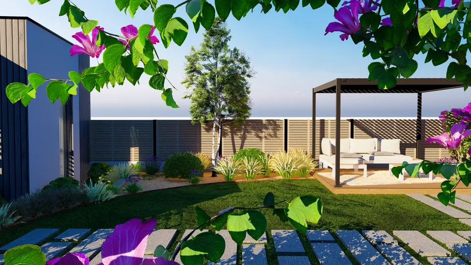 Jardin conçu en 3D : pergola et salon sous les fleurs