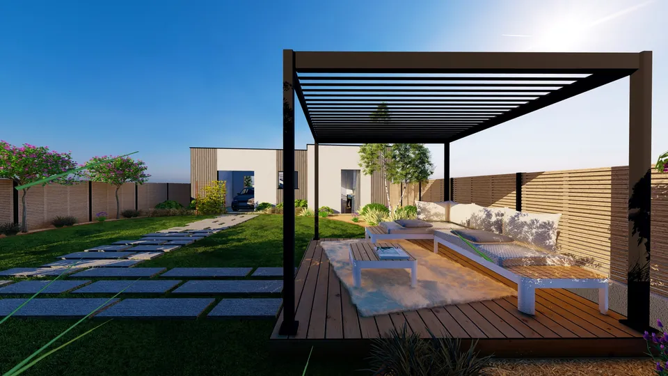 Jardin conçu en 3D : salon sous la pergola et pas japonais