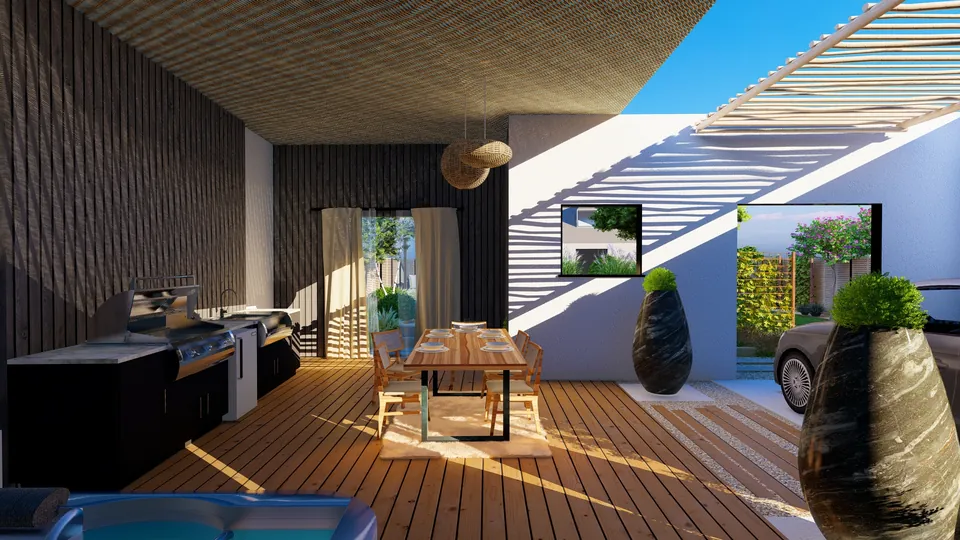 Jardin conçu en 3D : cuisine d’été en bois noir