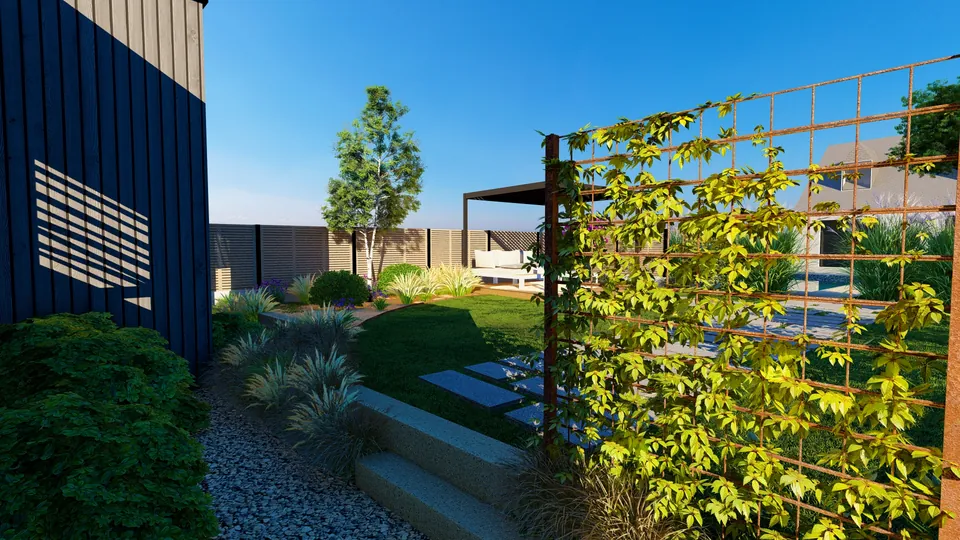 Jardin conçu en 3D : treillis en acier et vigne vierge
