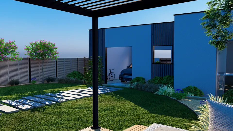 Jardin conçu en 3D : pergola et terrasse au fond du jardin