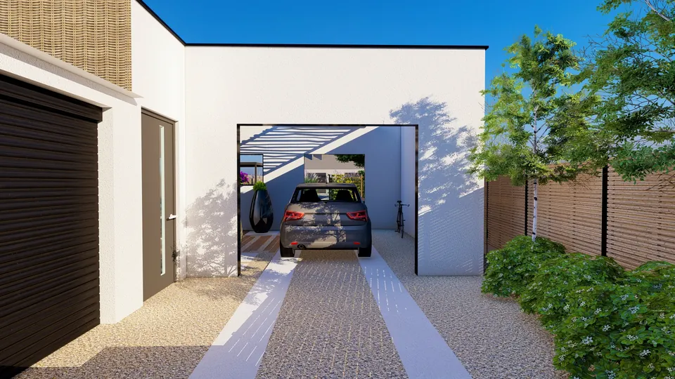 Jardin conçu en 3D : allée gravillonnée et porche