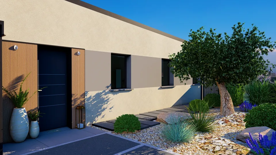 Jardin conçu en 3D : olivier et jardin sec devant la maison