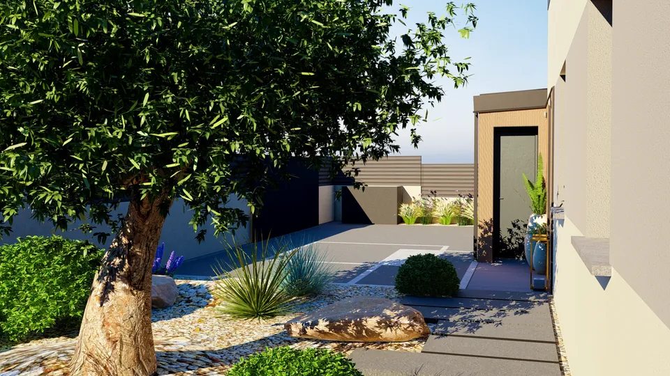 Jardin conçu en 3D par Greeen : olivier, rochers et graminées dans un jardin sec