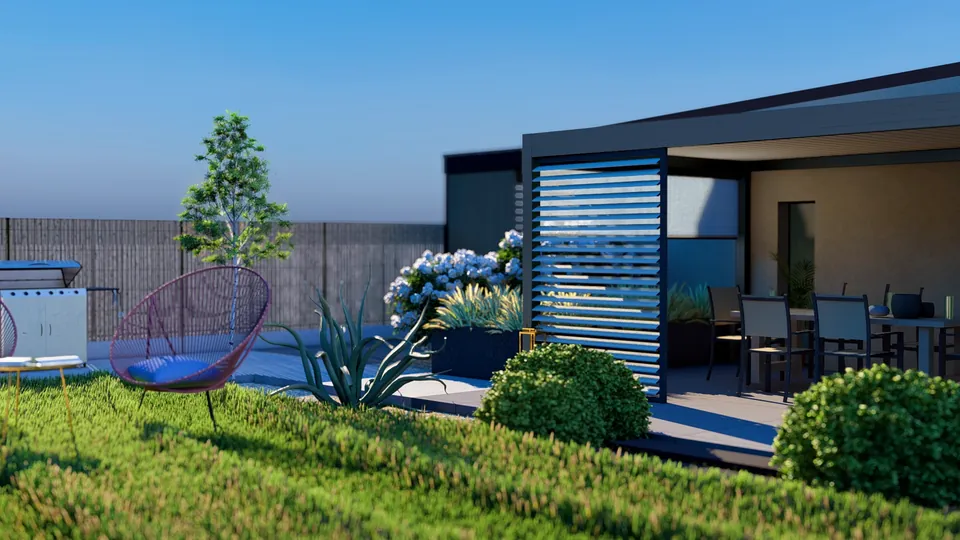 Jardin conçu en 3D par Greeen : grande pelouse, fauteuils et terrasse