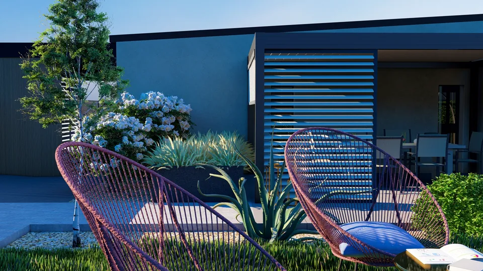 Jardin conçu en 3D : fauteuils au bord du jardin
