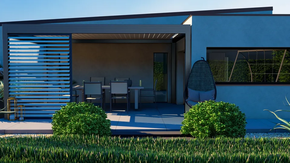 Jardin conçu en 3D : pergola à lames et terrasse