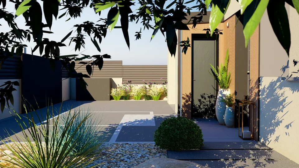 Jardin conçu en 3D : entrée sous les feuillages