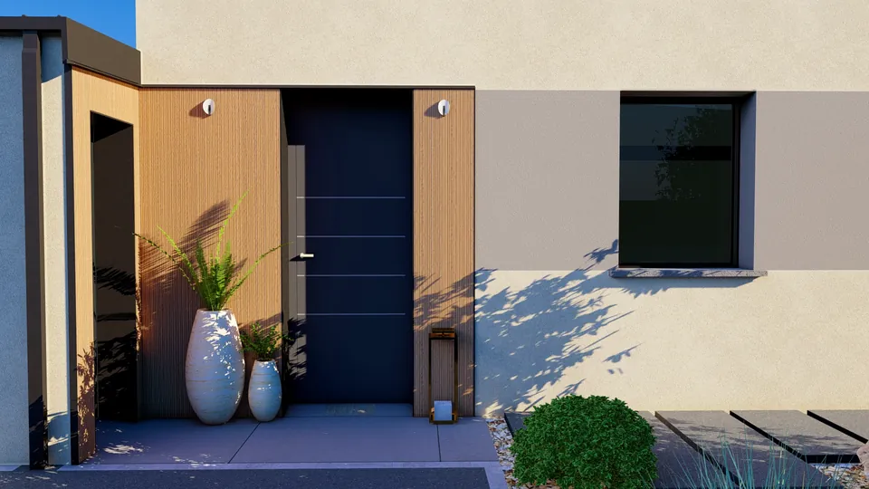 Jardin conçu en 3D : porte d’entrée et bardage bois