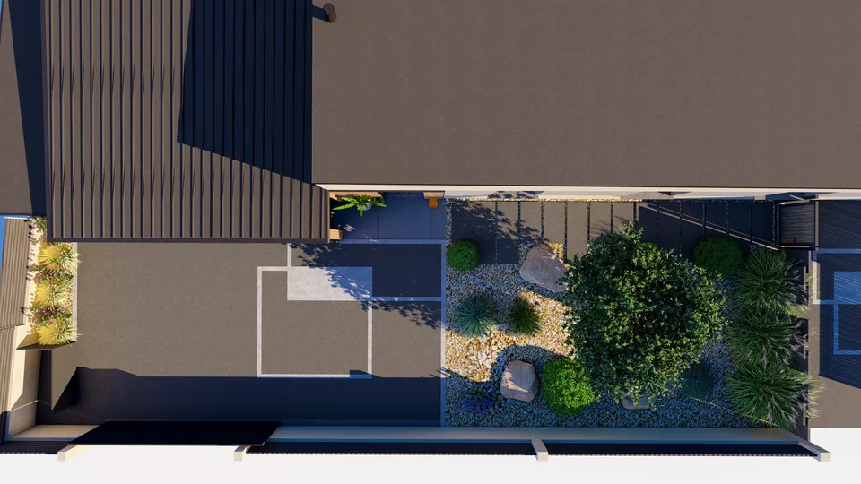 Jardin conçu en 3D : vue du dessus : entrée et jardin sec