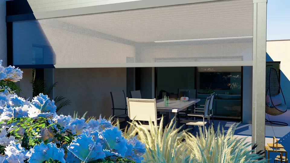 Rendu 3D Greeen : hortensias et graminées devant une terrasse sous pergola