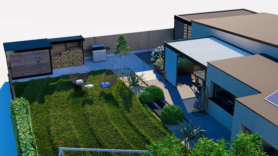 Rendu 3D Greeen : vue plongeante sur la pelouse, la terrasse et la pergola