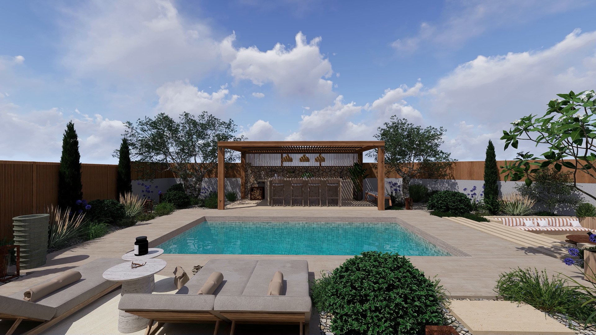 Vue d’ensemble du jardin : piscine, bains de soleil, terrasse en bois et pergola